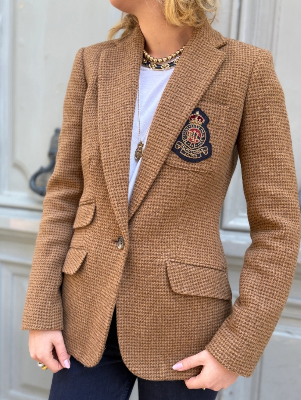 Ralph Lauren Classic Houndstooth Wool Tweed Blazer Bullion Embroidered Crest